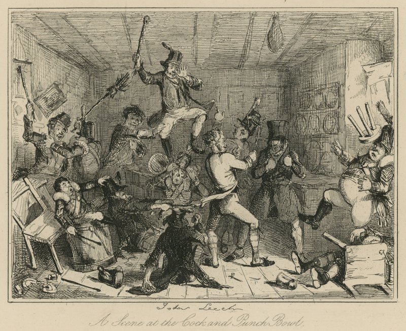 En scene ved Cock and Punch Bowl av John Leech
