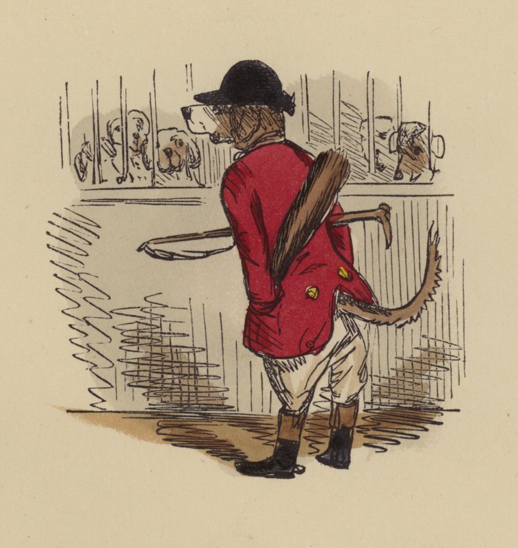 Hund kledd som jeger av John Leech