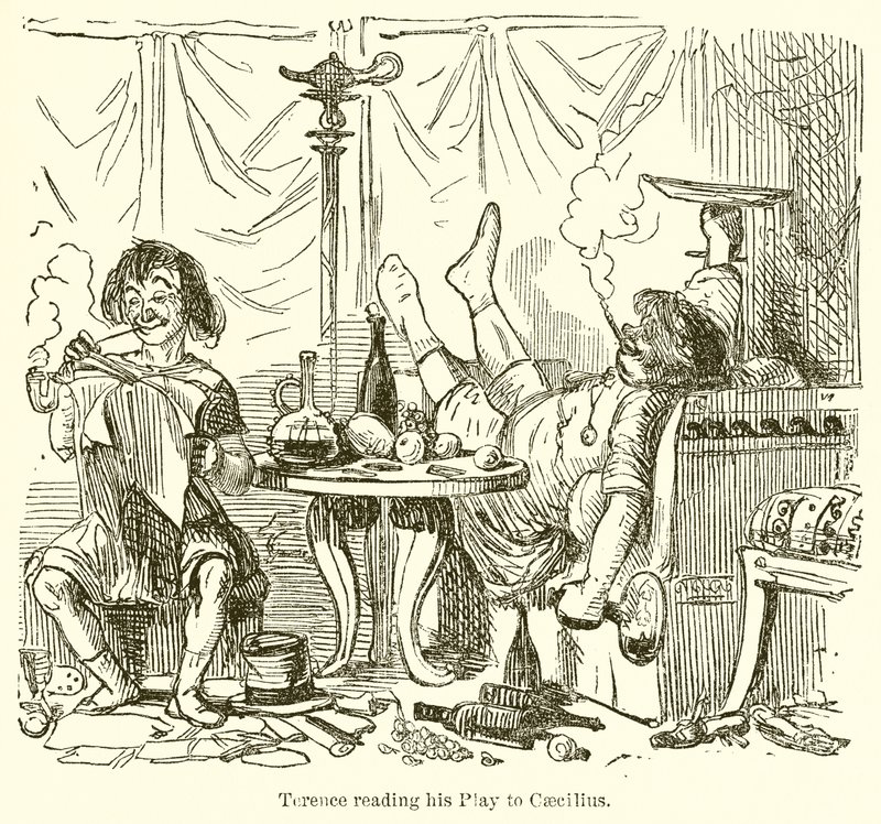 Terence leser skuespillet sitt for Caecilius av John Leech