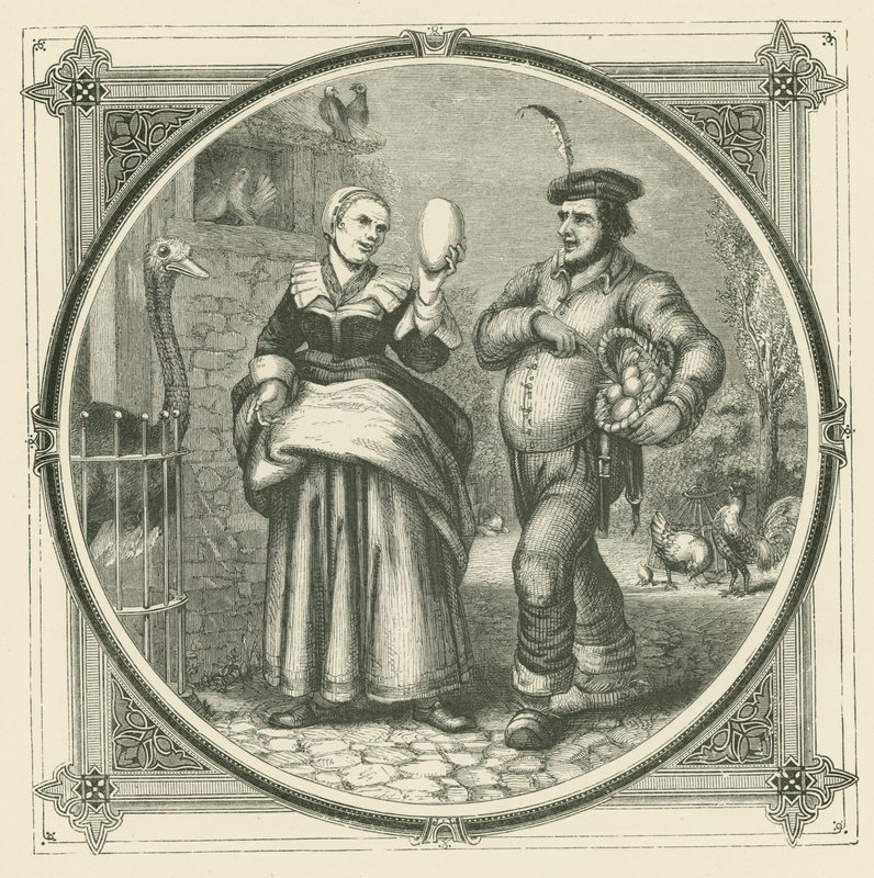 En høne legger hver dag, men en struts bare en gang i året (gravering) av John Leighton