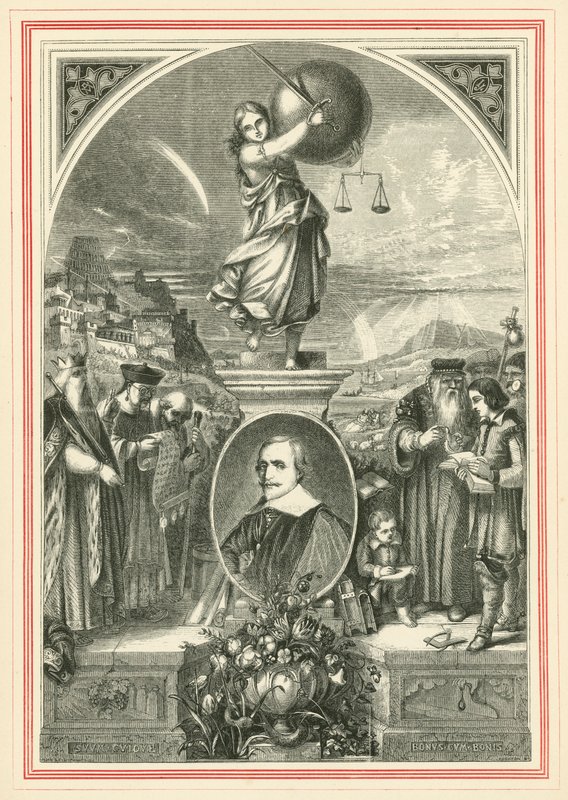 Portrett av Jacob Cats, under allegorisk figur av Universal Justice (gravering) av John Leighton