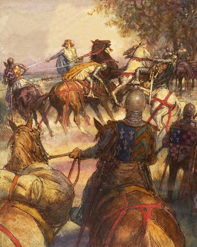 Karl VI av Frankrike, fullstendig gal, kaster seg ut med sverdet mot sine tilhengere av John Millar Watt