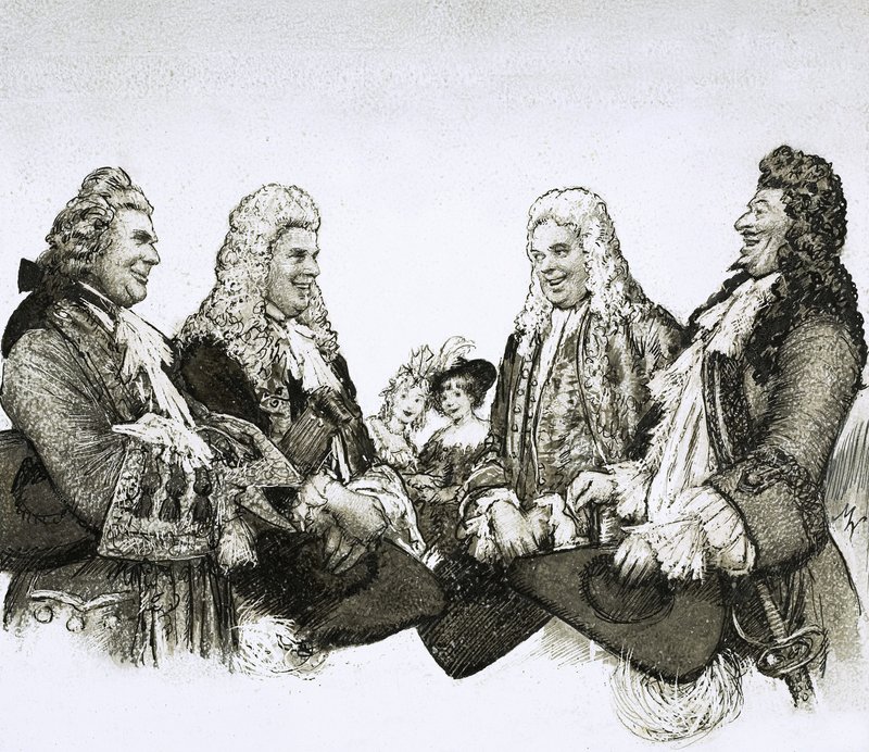På den franske tronen til Ludvig XIV brukte herrer enorme parykker av John Millar Watt