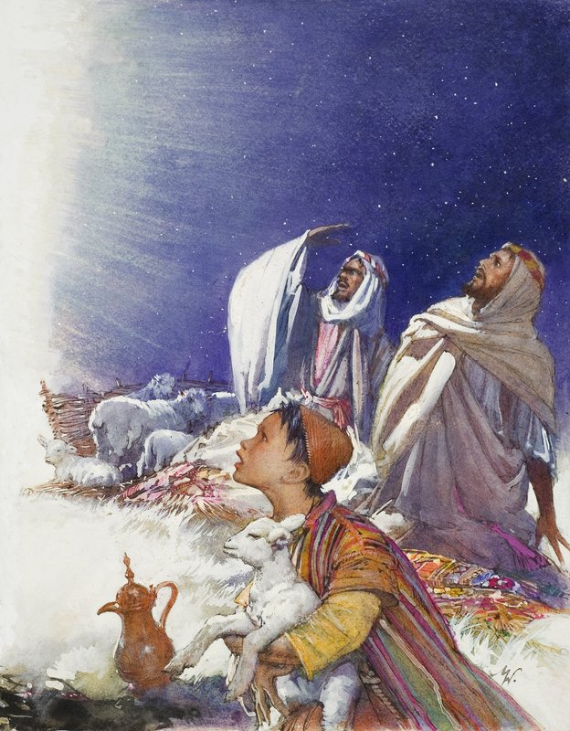 Julefortellingen: Gjeternes fortelling (gouache på papir) av John Millar Watt