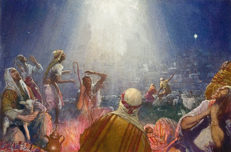 Nyheter om stor glede (gouache på papir) av John Millar Watt