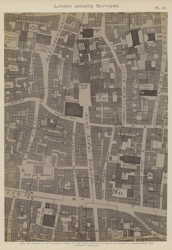 Kart over en del av London, som viser beliggenheten til Guildhall av John Ogilby