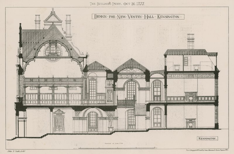Design for New Vestry Hall, Kensington av John Oldrid Scott
