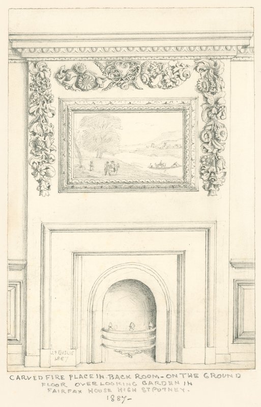Utskåret peis i bakrommet i første etasje med utsikt over hagen, Fairfax House, High Street, Putney, 1887 av John Phillipp Emslie
