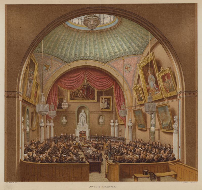 Council Chamber, Guildhall, City of London (farge litho) av John Phillipp Emslie