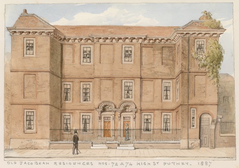 Gamle Jacobean-boliger, nr. 72 og 74, High Street, Putney, London, 1887 av John Phillipp Emslie