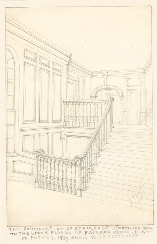 Fortsettelsen av trappen, fra hallen til de øvre etasjene, til Fairfax House, High Street, Putney, 1887 av John Phillipp Emslie