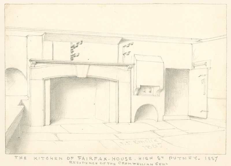 Kjøkkenet på Fairfax House, High Street, Putney, 1887; residensen til Cromwellian Gent av John Phillipp Emslie