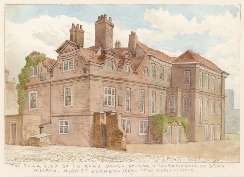 Baksiden av Fairfax House, High Street, Putney, London, tidligere residensen til General Fairfax, 1887 av John Phillipp Emslie