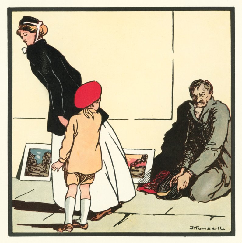 Kensington Rhymes: The Pavement Artist (farge litho) av John Robert (after) Monsell