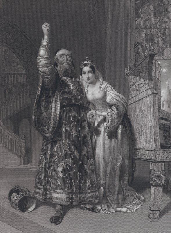 Marino Faliero, doge av Venezia, truer med hevn for injurier av sin kone, Aluycia Gradenigo (gravering) av John Rogers (after) Herbert