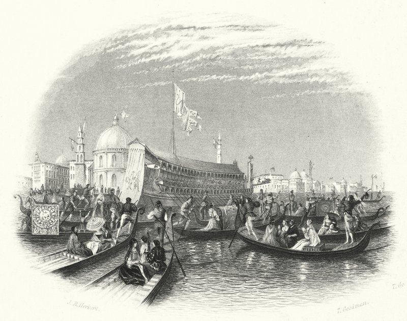 Havets ekteskap. Lekteren til Doge og gondoler på vannet i Venezia (gravering) av John Rogers (after) Herbert