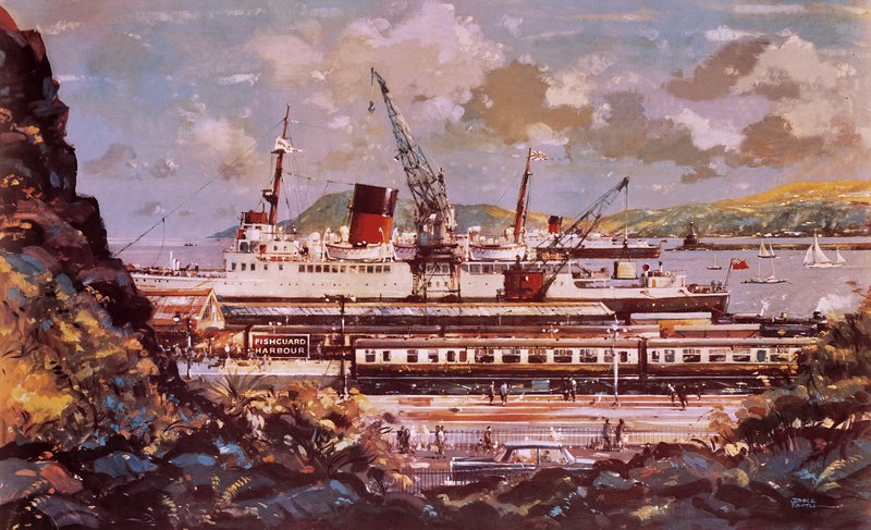 Fishguard havnescene av John S. Smith