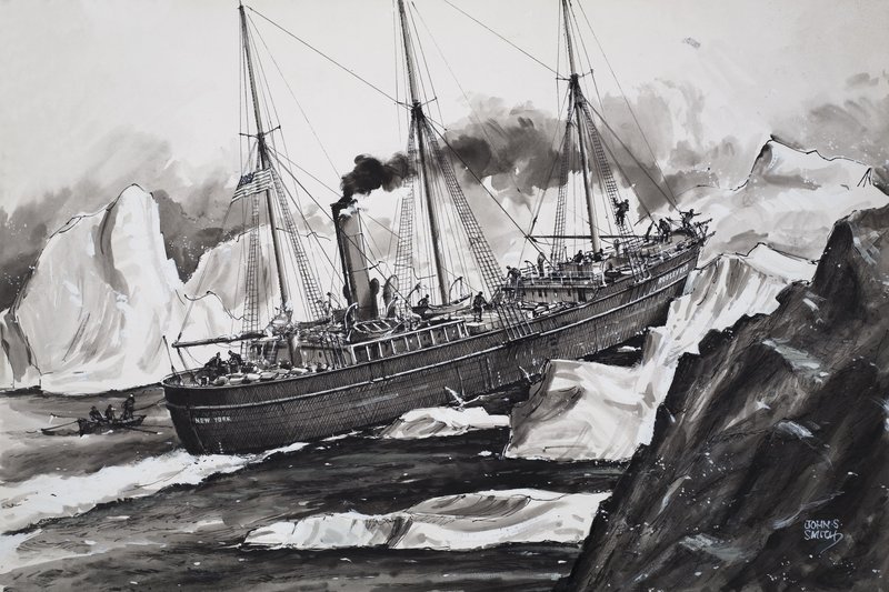 Roosevelt knuser gjennom isen for å komme til Nordpolen (gouache på papir) av John S. Smith