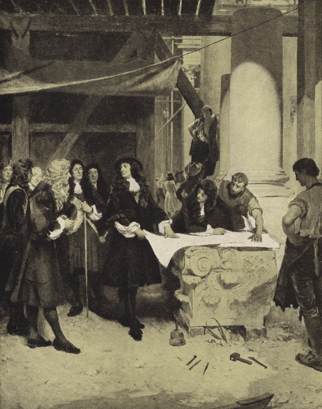 Kong Charles II besøkte Sir Christopher Wren under byggingen av St Paul's Cathedral, sent på 1600-tallet (litho) av John Seymour (after) Lucas