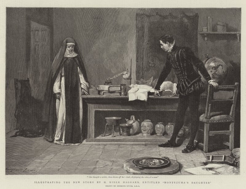 Illustrerer den nye historien av H Rider Haggard, med tittelen Montezumas datter av John Seymour Lucas