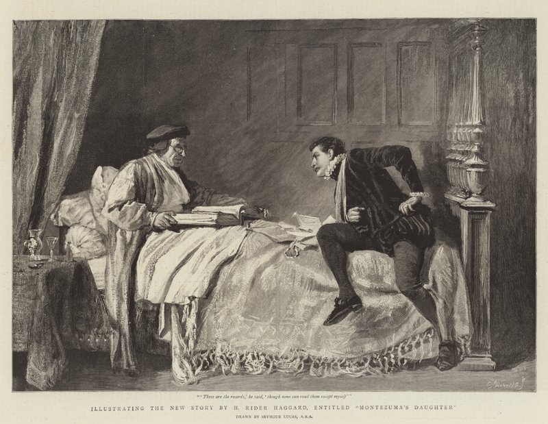 Illustrerer den nye historien av H Rider Haggard, med tittelen Montezumas datter av John Seymour Lucas