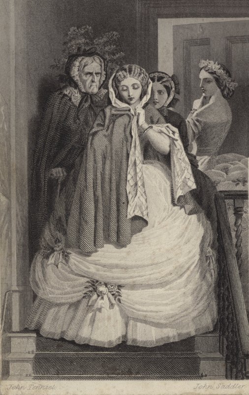 Vakker jente, kledd for fest, nedover trapper av John Tenniel