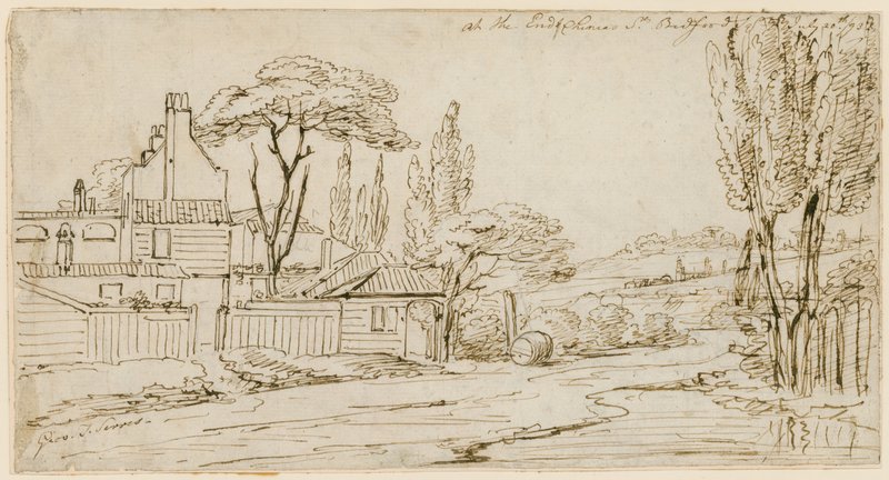 Ved enden av Chenies St, Bedford Square, 20. juli 1793 (blekk på papir) av John Thomas Serres