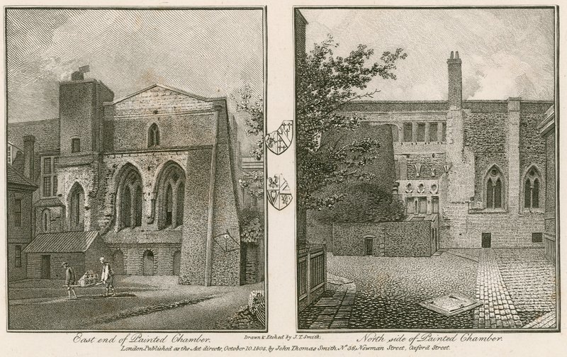 Østenden (venstre) og nordsiden (høyre) av Painted Chamber, Westminster Palace av John Thomas Smith