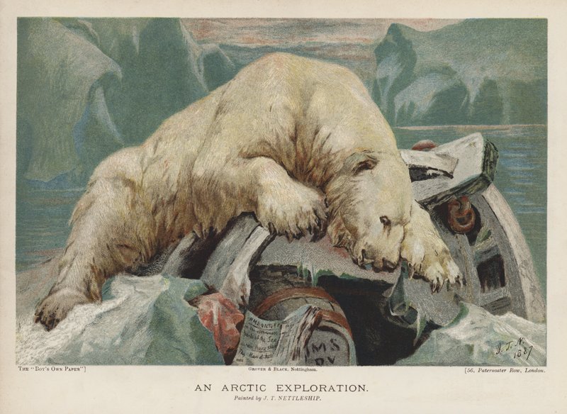 En arktisk utforskning: en isbjørn som undersøker gjenstander fra en arktisk ekspedisjon (chromolitho) av John Trivett Nettleship