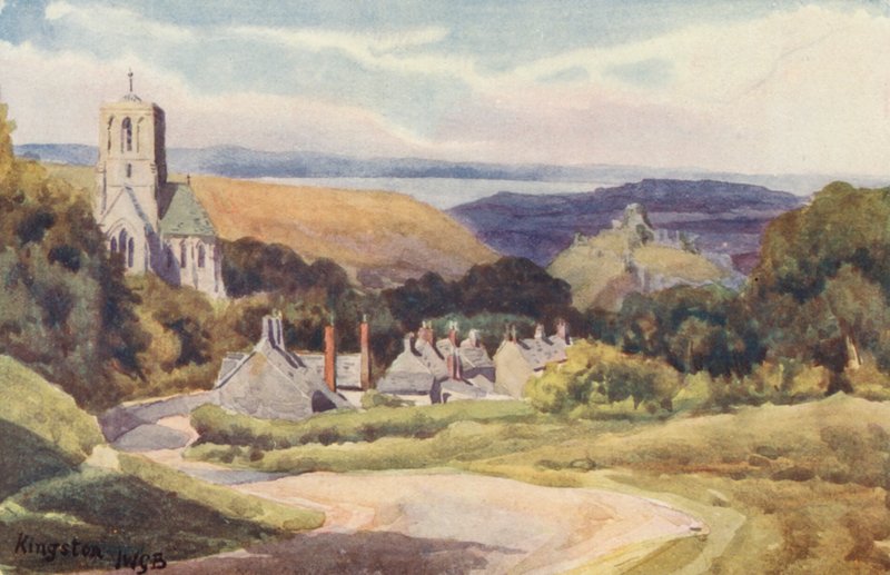 Kingston, med utsikt over Corfe Castle på avstand (fargelitografi) av John W.G. Bond
