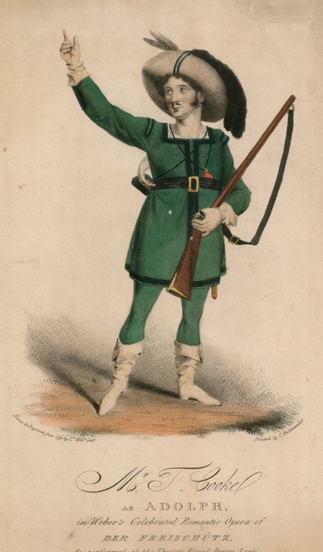 Mr T Cooke som Adolph i Webers berømte romantiske opera av Der Freischutz fremført på Theatre Royal Drury Lane av John W. Gear