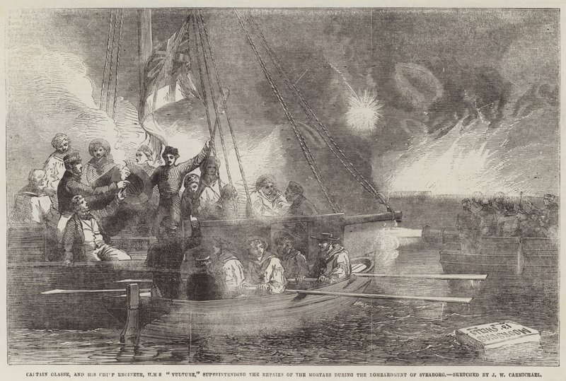 Kaptein Glasse og hans sjefsingeniør, HMS Vulture, overvåker reparasjonen av mørtrene under bombardementet av Sveaborg av John Wilson Carmichael