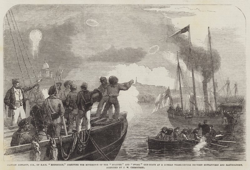 Kaptein Hewlett, CB, fra HMS Edinburgh, dirigerer Movements of the Snapper and Stork Gun-Boats på en russisk tredekker mellom Gustafsvern og Bartholomew av John Wilson Carmichael