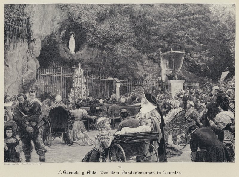 Grotten i Massabielle, Lourdes, Frankrike (gravering) av Jose Garnelo y Alda