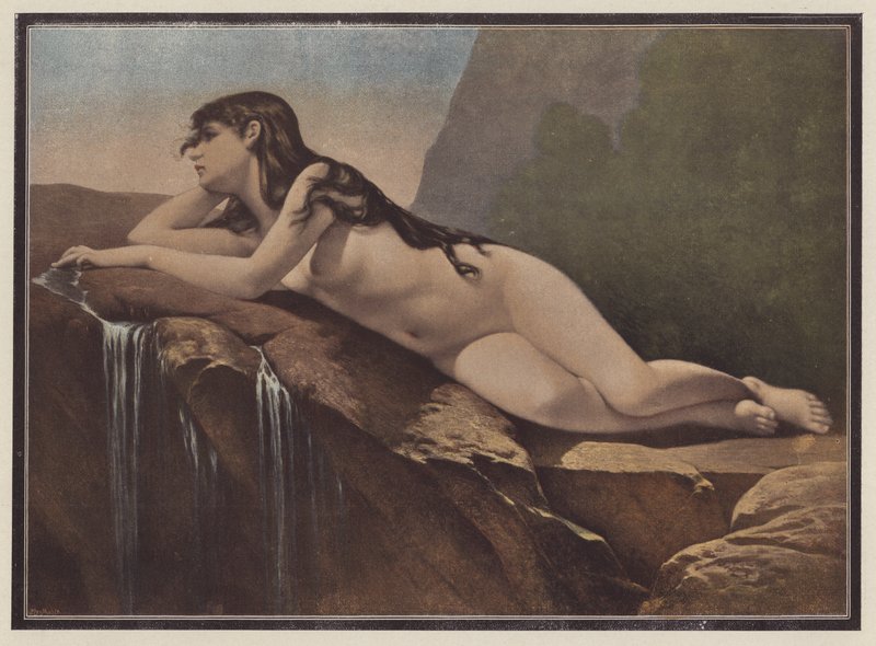 Kvinne liggende på en stein (farge litho) av Jose Nicolas Aussandron