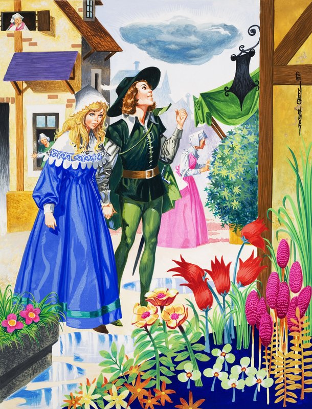 Par beundrer blomster (gouache på papir) av Jose Ortiz