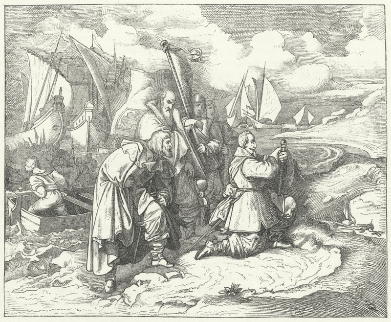 Gustavus Adolphus fra Sverige lander i Tyskland for å gå inn i trettiårskrigen av Josef Mathias (after) Trenkwald