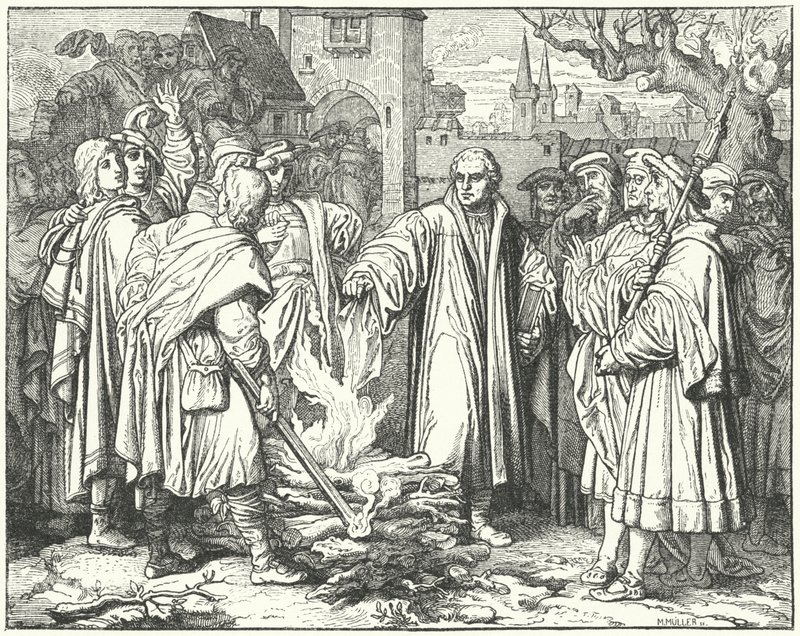 Martin Luther brenner den pavelige oksen i Wittenberg, 1520 av Josef Mathias Trenkwald