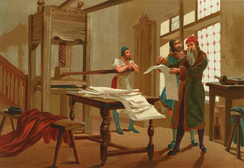 Gutenberg trykker første side i Bibelen av Josep or Jose Planella Coromina