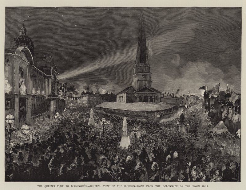 Dronningens besøk i Birmingham, generell utsikt over belysningene fra rådhusets søylegang av Joseph Finnemore