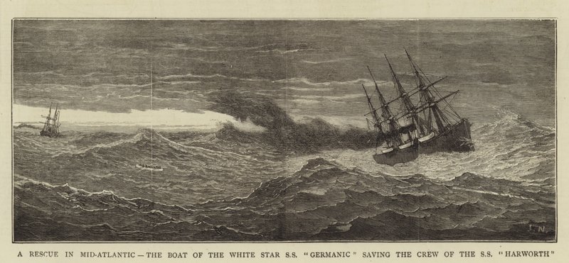 En redning i Midt-Atlanteren, båten til White Star SS Germanic redder mannskapet på SS Harworth av Joseph Nash