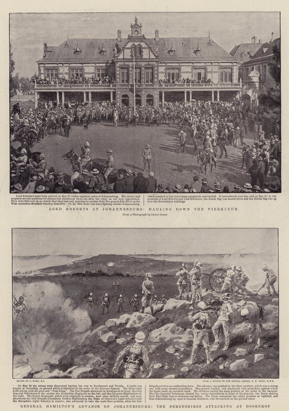 Lord Roberts i Johannesburg, hale ned Vierkleur, General Hamiltons fremmarsj mot Johannesburg, Derbyshires angrep ved Doornkop av Joseph Nash