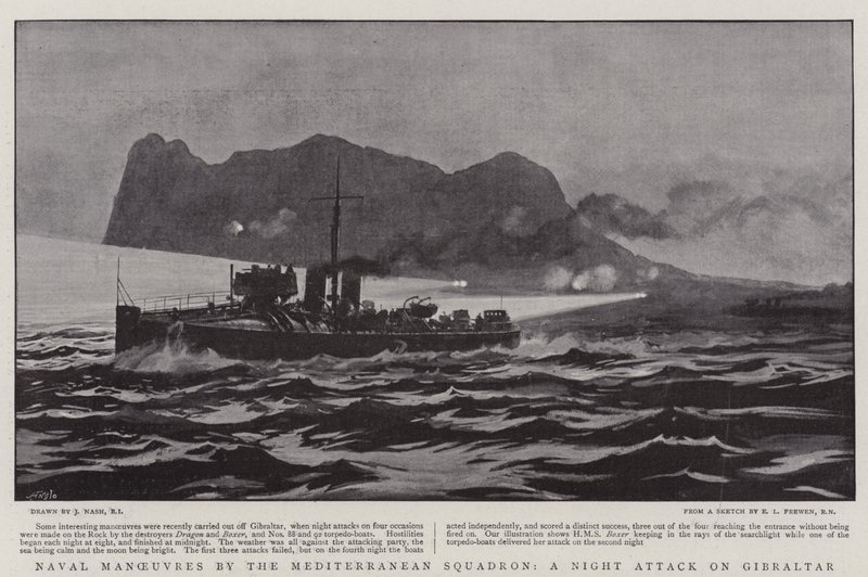 Sjømanøvrer av Mediterranean Squadron, et nattangrep på Gibraltar av Joseph Nash