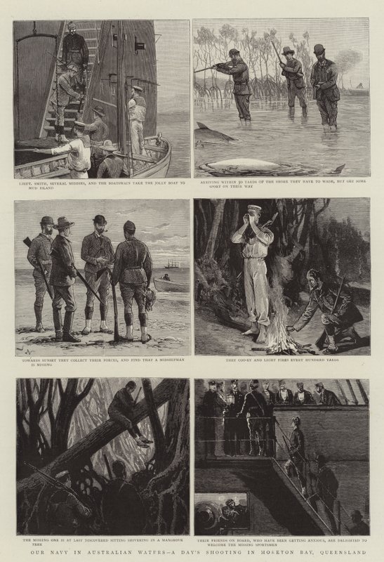 Vår marine i australske farvann, en dags skyting i Moreton Bay, Queensland av Joseph Nash