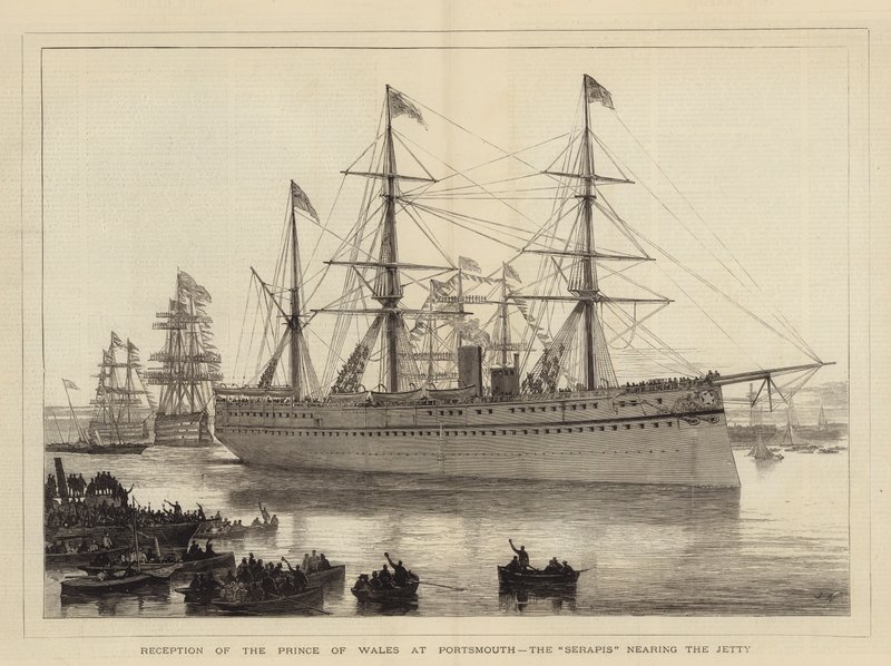 Mottakelse av prinsen av Wales i Portsmouth, Serapis nærmer seg kaien av Joseph Nash