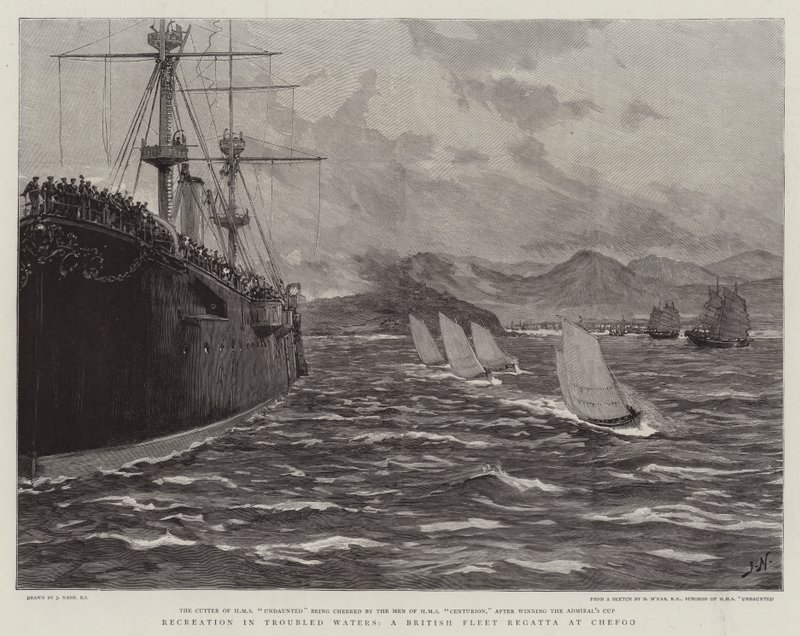 Rekreasjon i Troubled Waters, en britisk flåte-regatta ved Chefoo-gravering av Joseph Nash