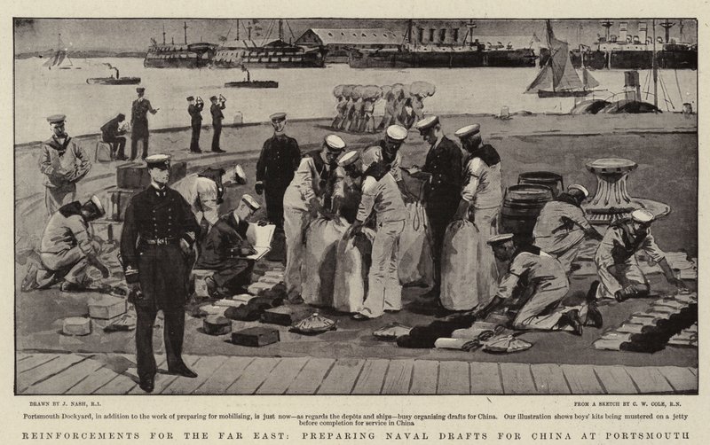 Forsterkninger for Fjernøsten, forbereder marineutkast for Kina ved Portsmouth av Joseph Nash
