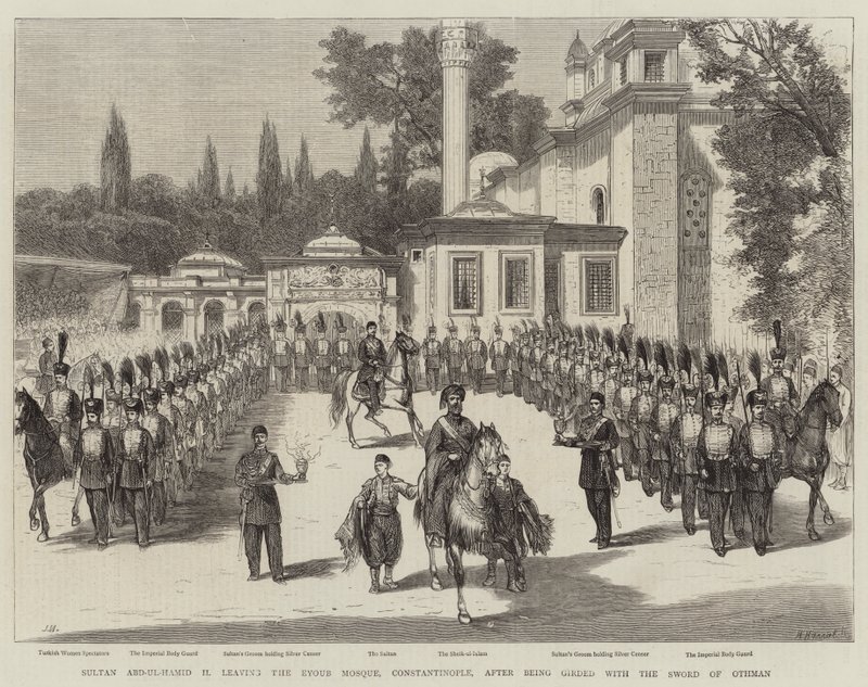 Sultan Abd-ul-Hamid II forlot Eyoub-moskeen, Konstantinopel, etter å ha blitt omgjort med Othman-sverdet av Joseph Nash