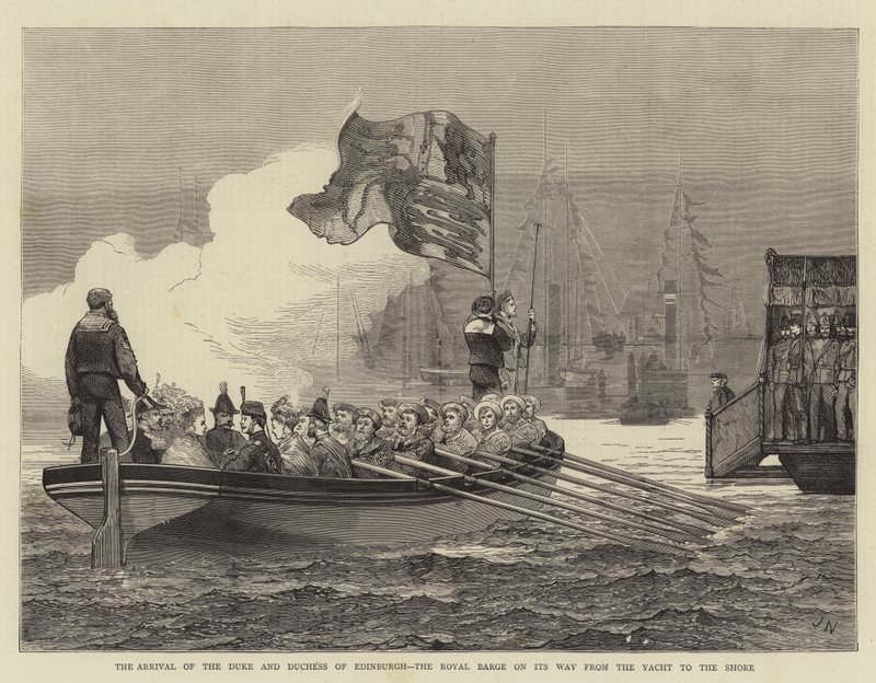Ankomsten til hertugen og hertuginnen av Edinburgh, Royal Barge på vei fra yachten til kysten av Joseph Nash