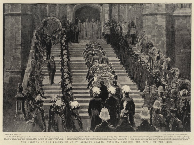 Prosesjonens ankomst til St George's Chapel, Windsor, bærende kisten opp trappene av Joseph Nash